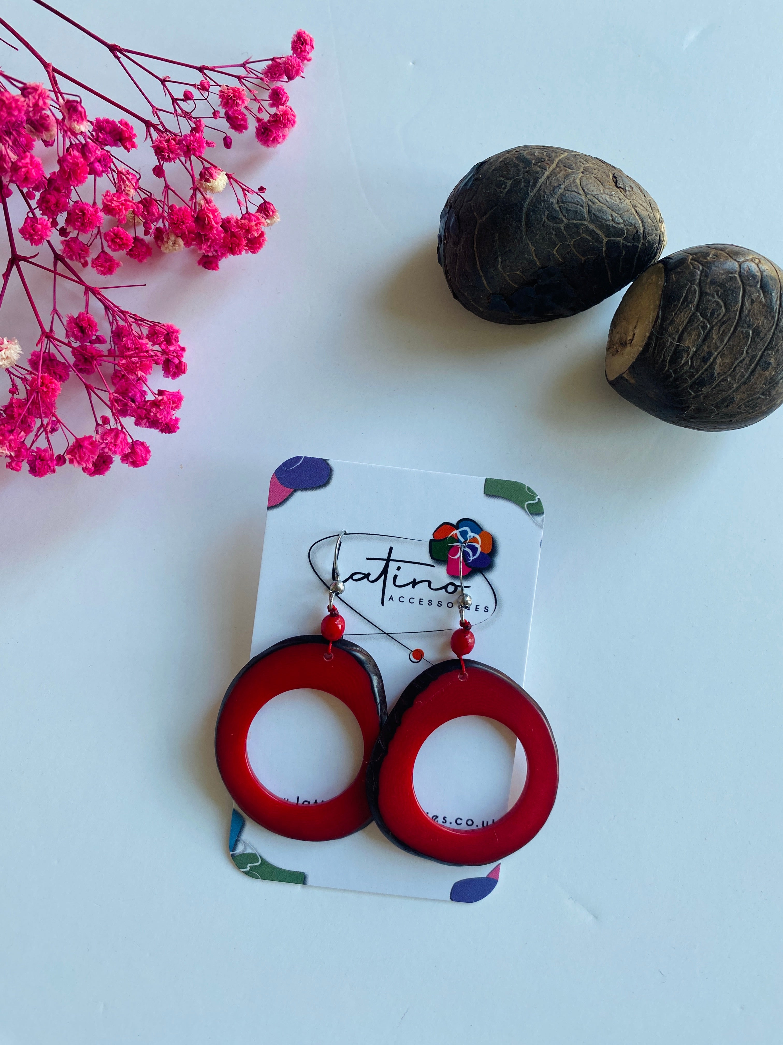 Red Hoop Tagua Earrings